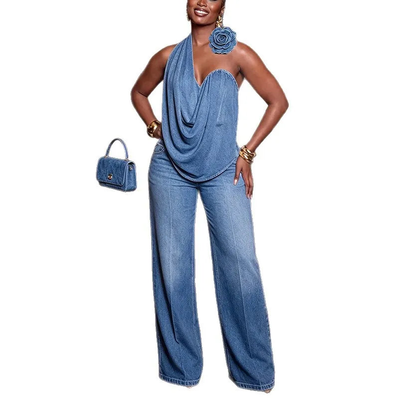 Women's Halter Denim Two-Piece Set Floral Wide-Leg Pants