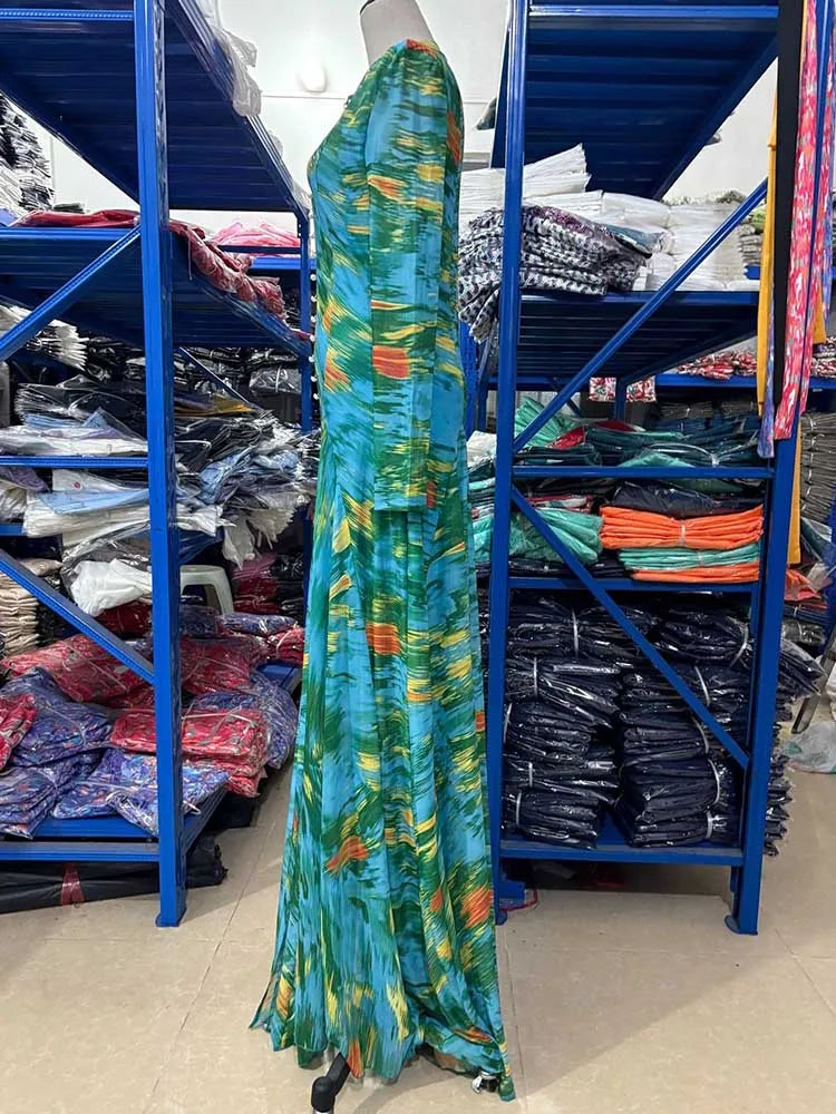 Women's Round Neck Pleated Floral Print Maxi Dress