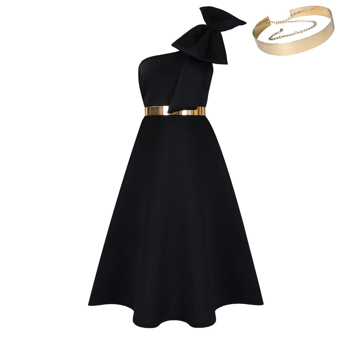 Women's One Shoulder Pleated Bow A-Line Party Dress