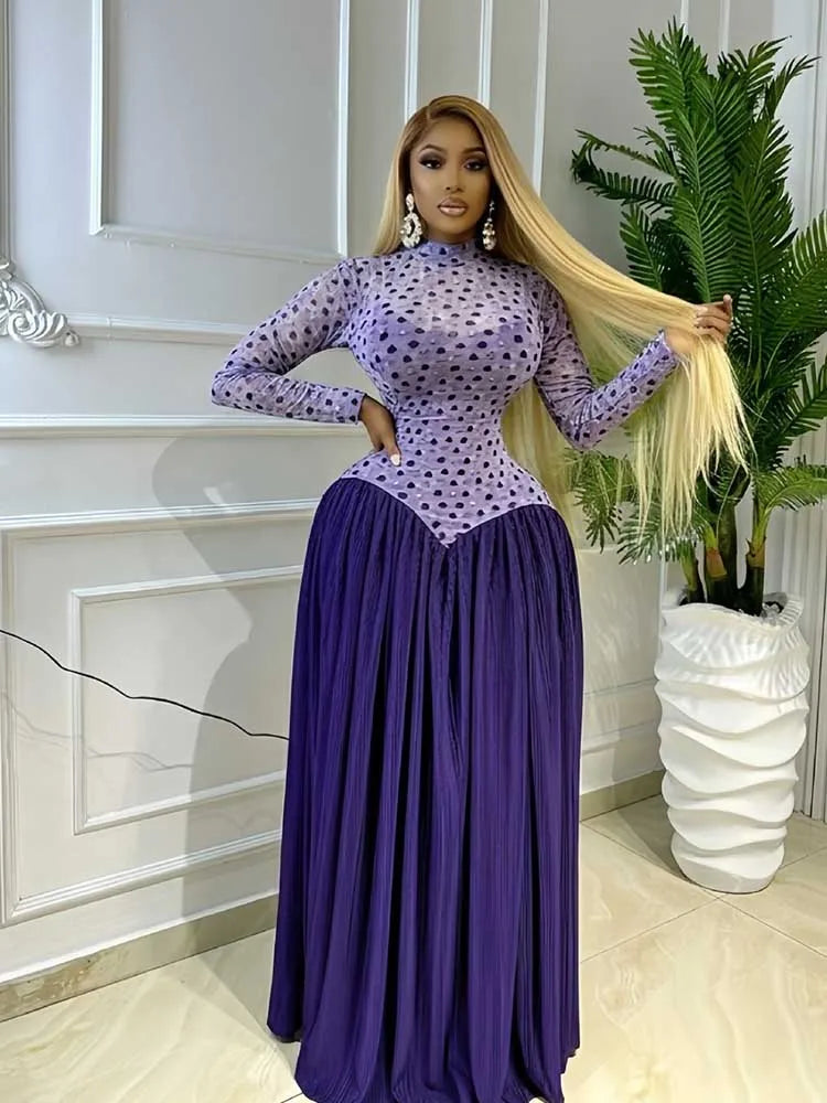 Women's High Waist Pleated Long Sleeve A-Line Dress