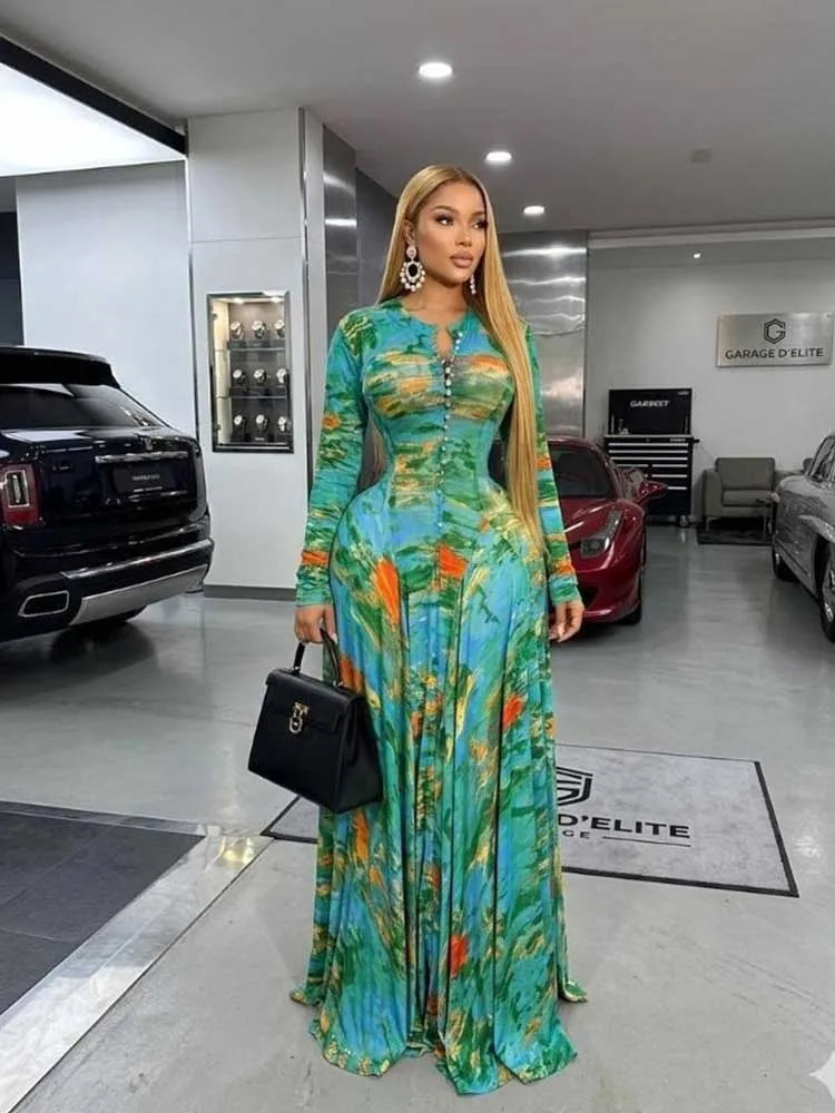 Women's Round Neck Pleated Floral Print Maxi Dress