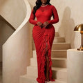 Women's Stand Collar Mesh Ruffle High Slit Bodycon Dress