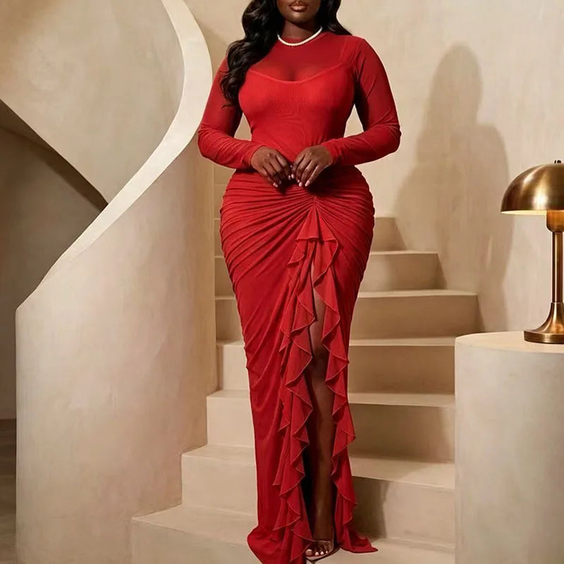 Women's Stand Collar Mesh Ruffle High Slit Bodycon Dress