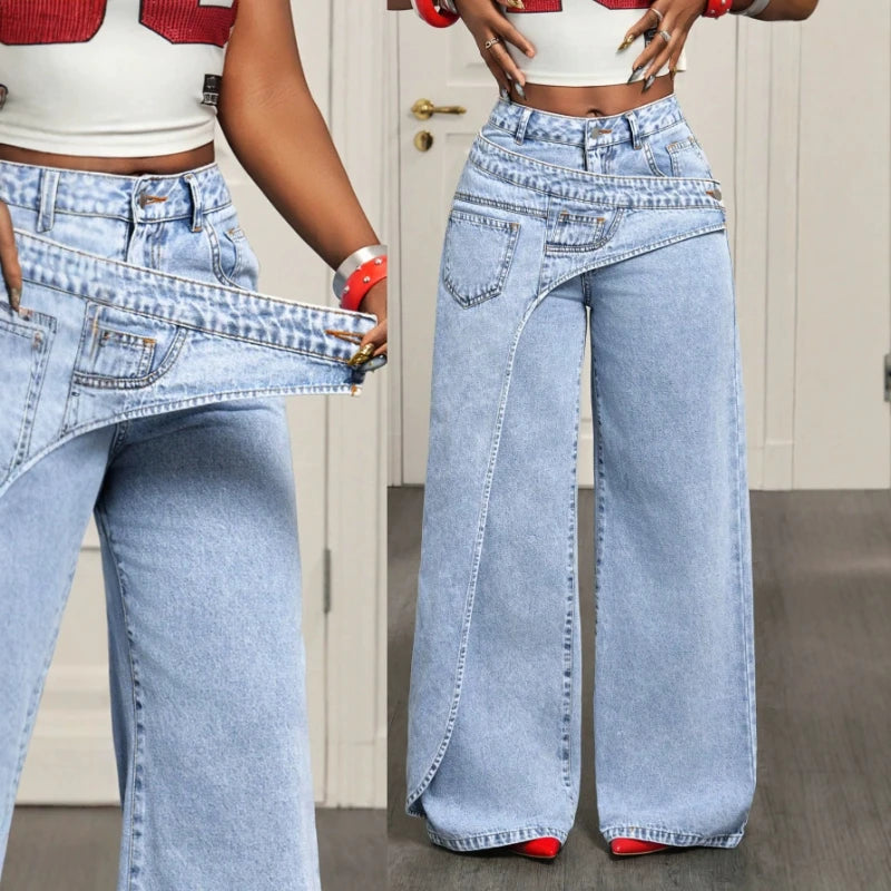 Women's Vintage High Waist Straight Wide-Leg Denim Pants
