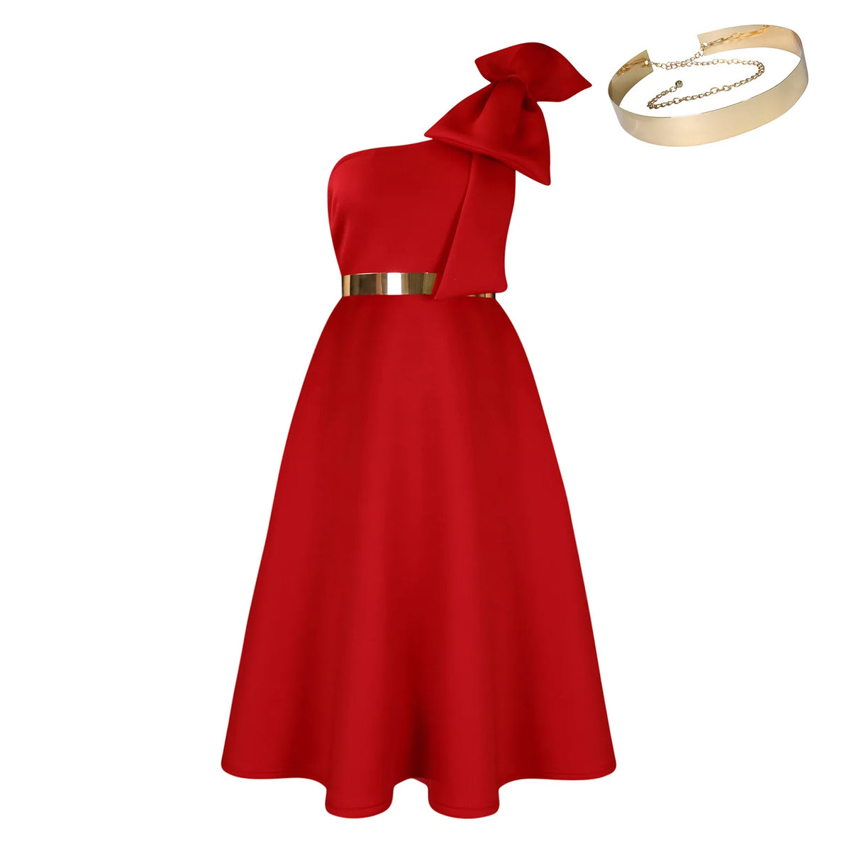 Women's One Shoulder Pleated Bow A-Line Party Dress