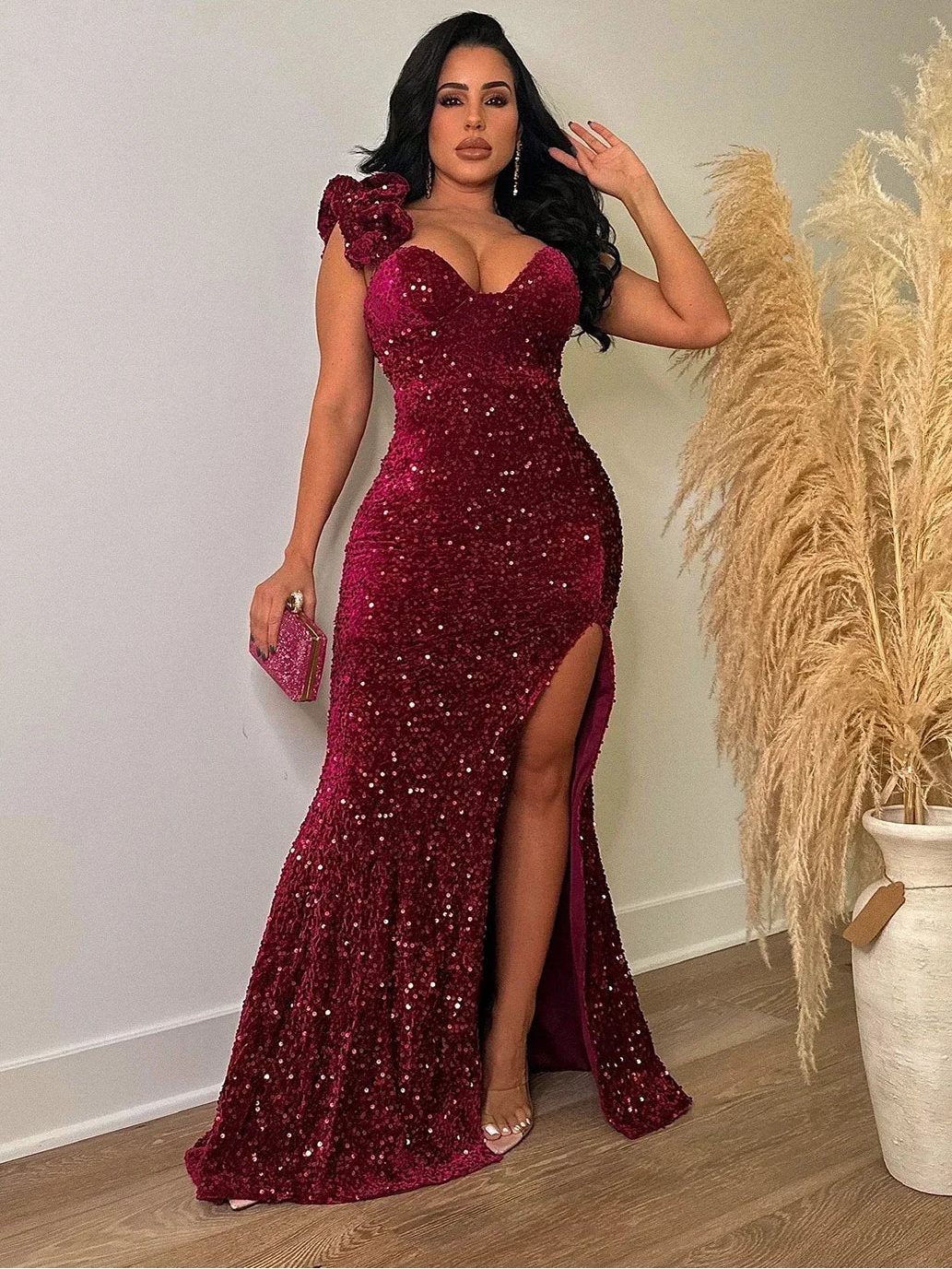 Women's One Shoulder Open Back Sequined Mermaid Maxi Dress