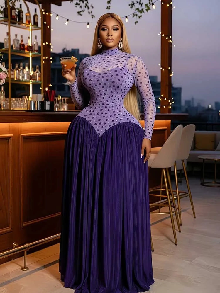 Women's High Waist Pleated Long Sleeve A-Line Dress