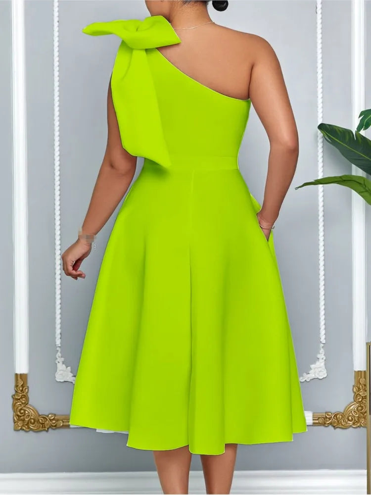 Women's One Shoulder Pleated Bow A-Line Party Dress