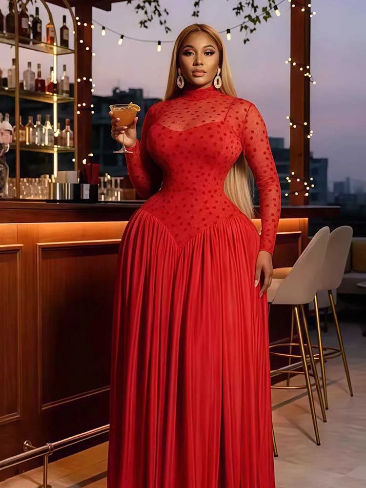Women's High Waist Pleated Long Sleeve A-Line Dress