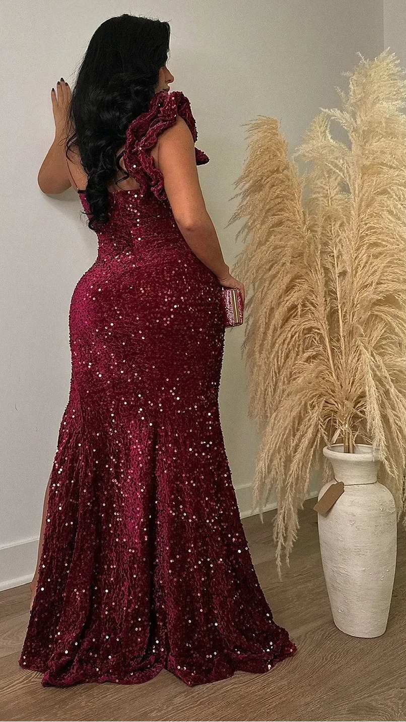 Women's One Shoulder Open Back Sequined Mermaid Maxi Dress