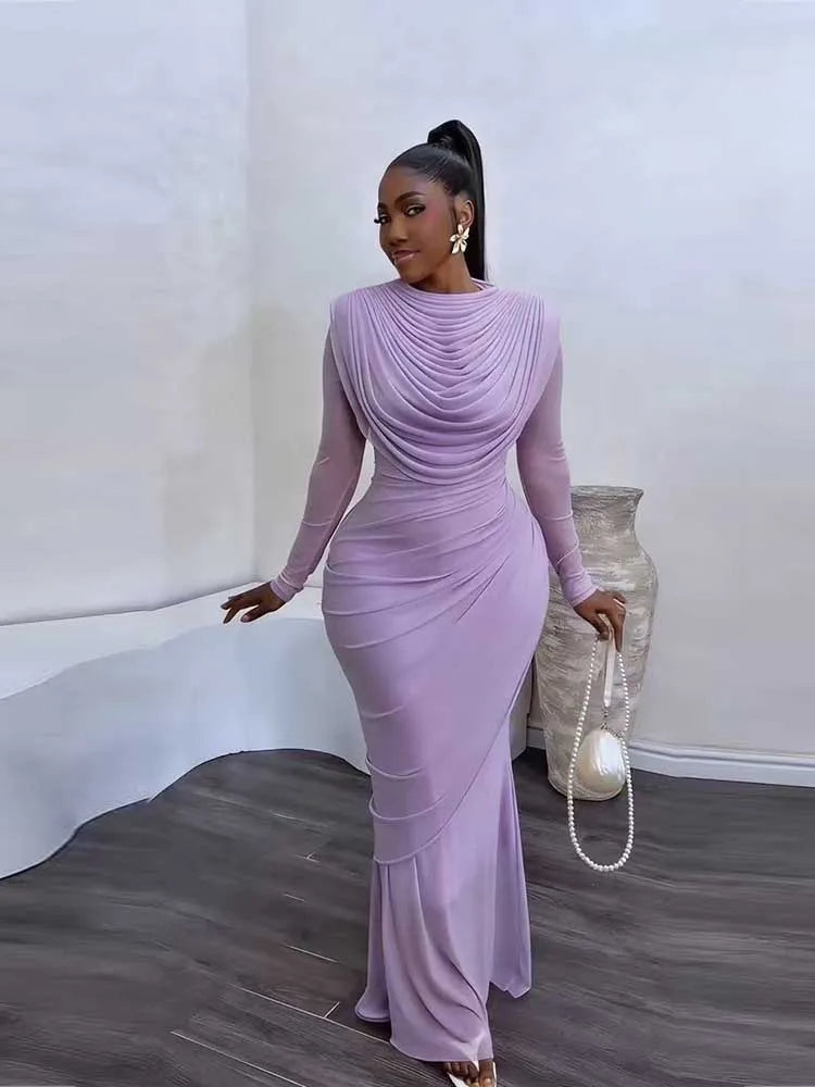 Women's Mesh Draped Collar Long Sleeve Bodycon Dress