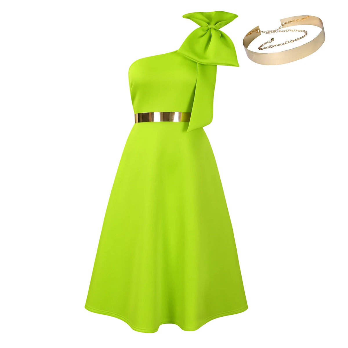 Women's One Shoulder Pleated Bow A-Line Party Dress