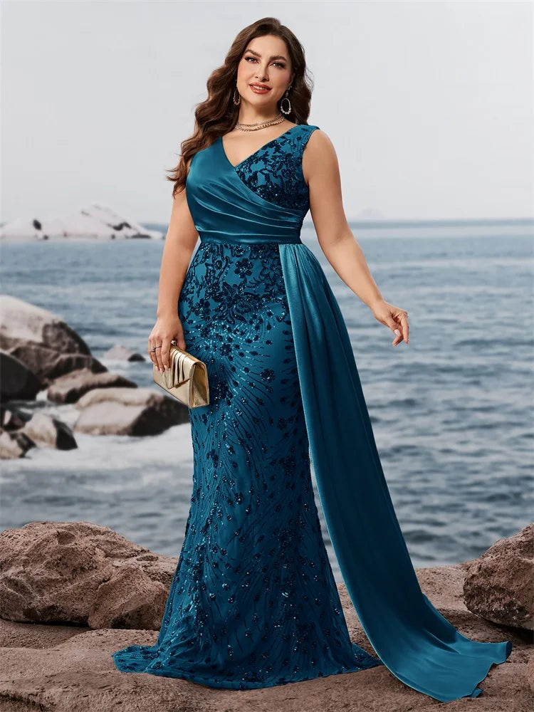 Women's Plus Size V-Neck Splice Sequin Mermaid Evening Dress