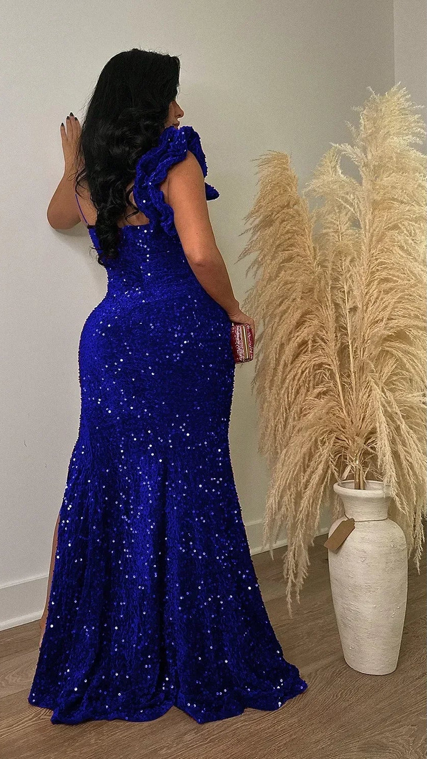 Women's One Shoulder Open Back Sequined Mermaid Maxi Dress