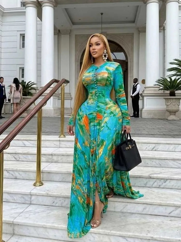 Women's Round Neck Pleated Floral Print Maxi Dress