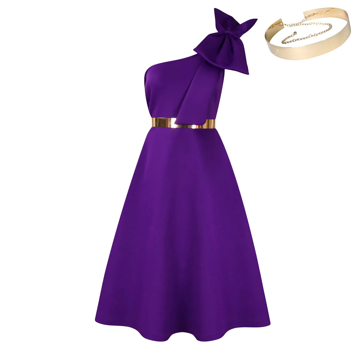 Women's One Shoulder Pleated Bow A-Line Party Dress