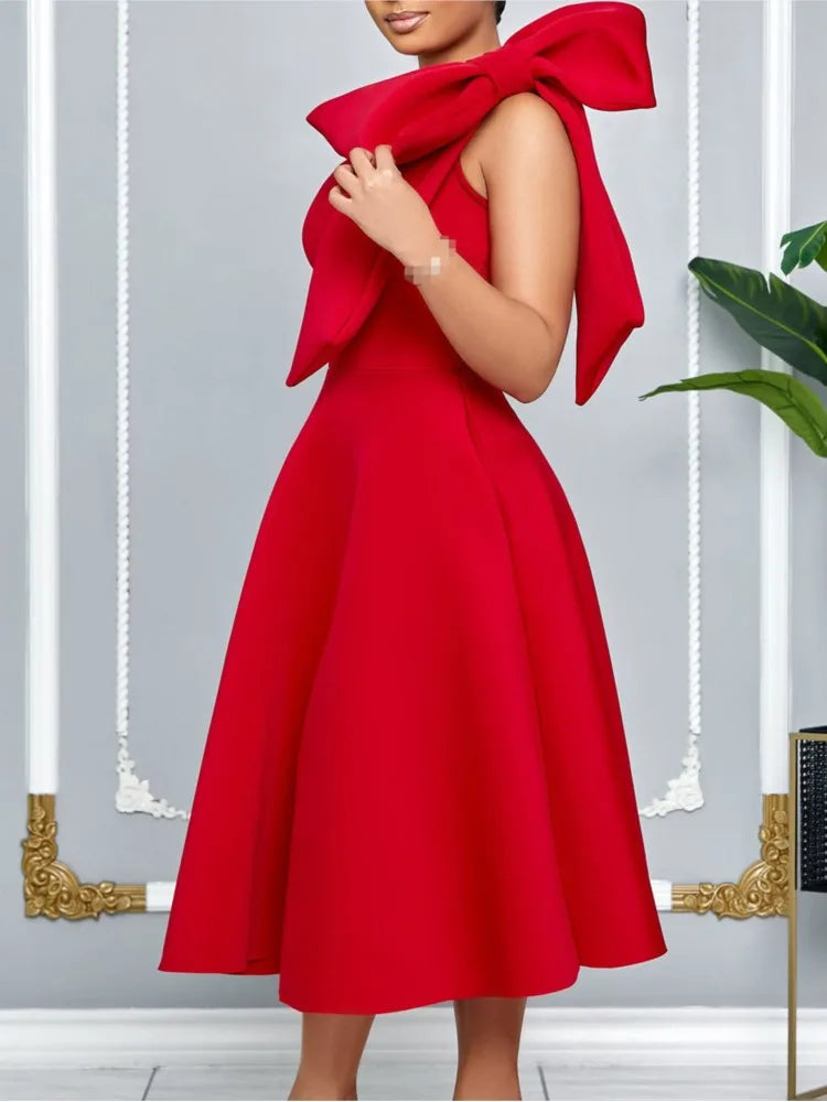 Women's One Shoulder Pleated Bow A-Line Party Dress