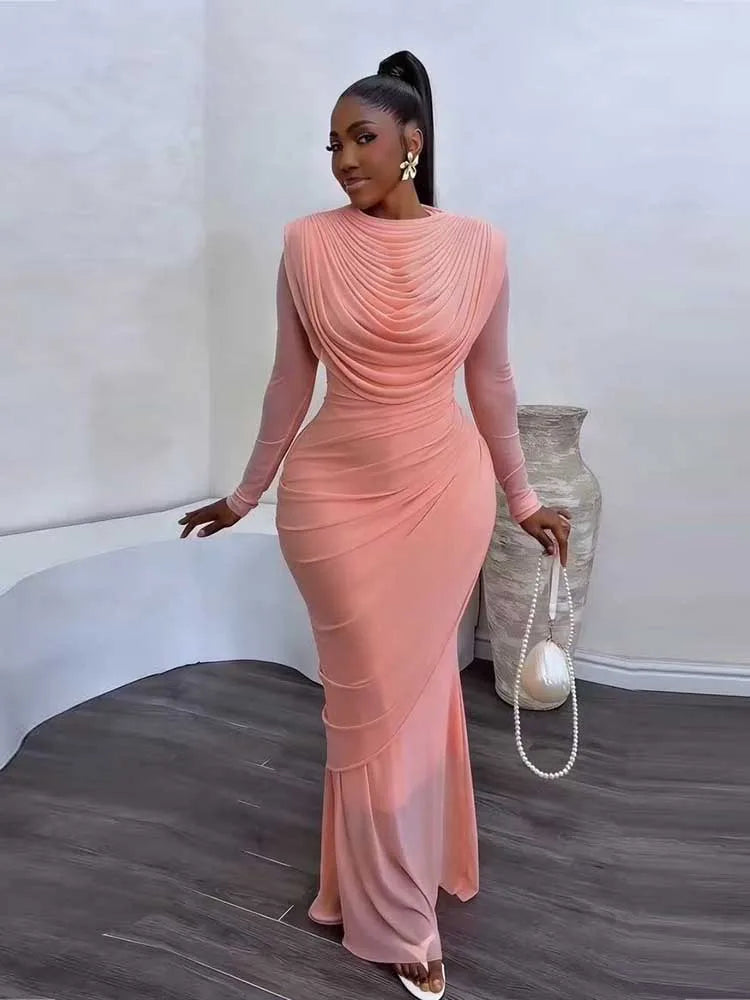 Women's Mesh Draped Collar Long Sleeve Bodycon Dress