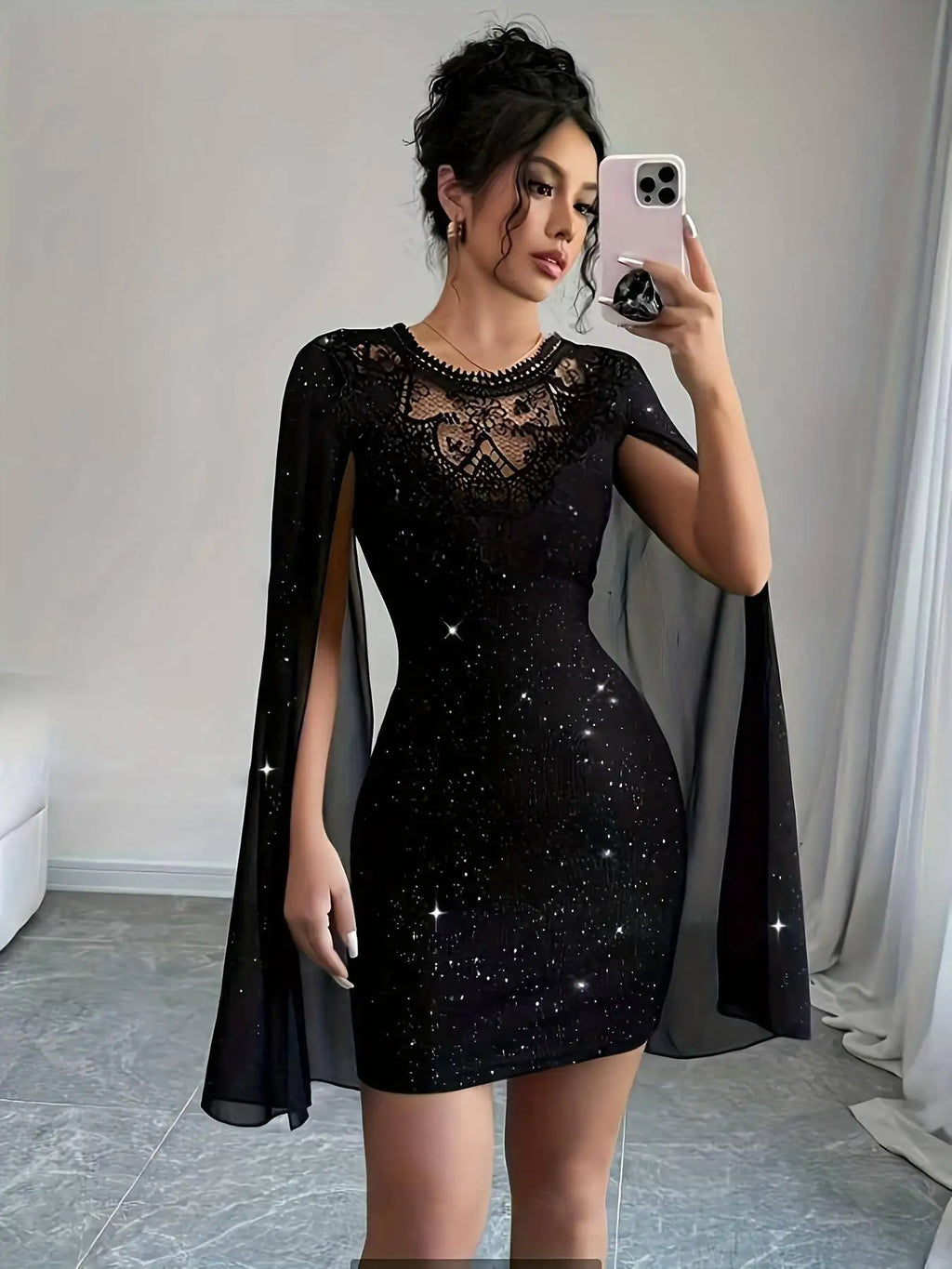 Women's Lace Crew Neck Cape Sleeve Bodycon Dress