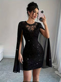 Women's Lace Crew Neck Cape Sleeve Bodycon Dress