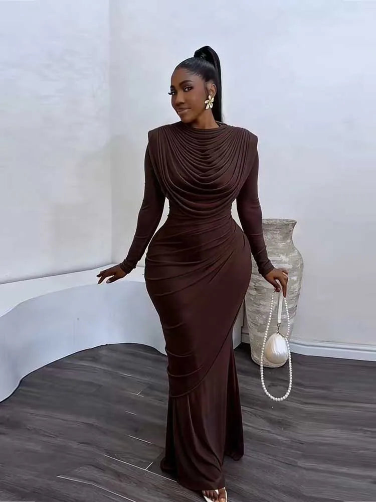 Women's Mesh Draped Collar Long Sleeve Bodycon Dress