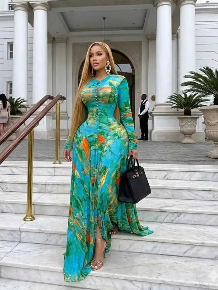 Women's Round Neck Pleated Floral Print Maxi Dress