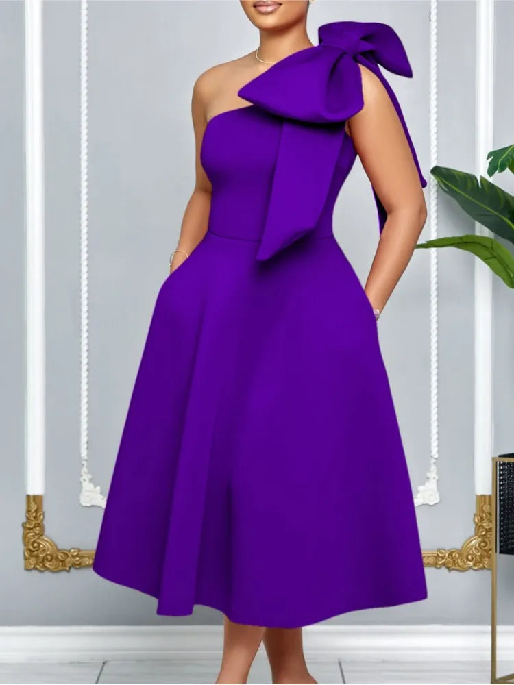 Women's One Shoulder Pleated Bow A-Line Party Dress