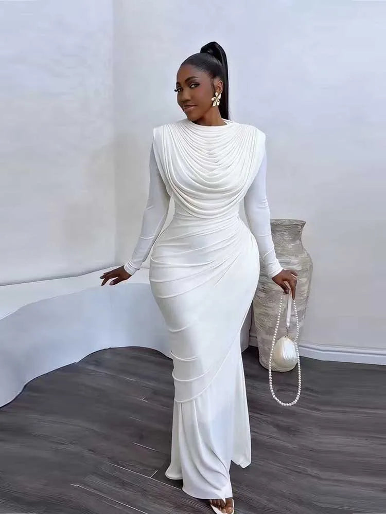 Women's Mesh Draped Collar Long Sleeve Bodycon Dress