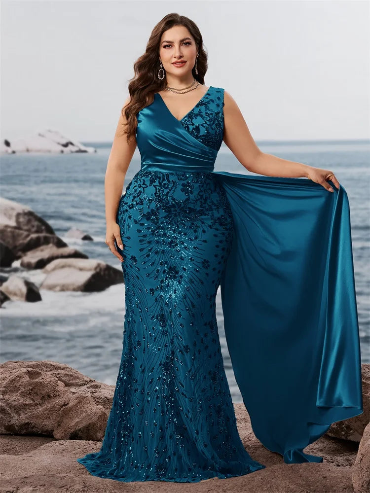Women's Plus Size V-Neck Splice Sequin Mermaid Evening Dress