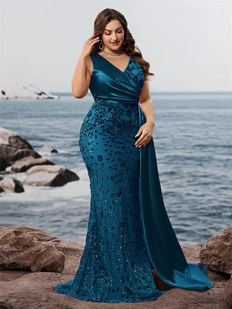 Women's Plus Size V-Neck Splice Sequin Mermaid Evening Dress