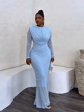 Women's Mesh Draped Collar Long Sleeve Bodycon Dress