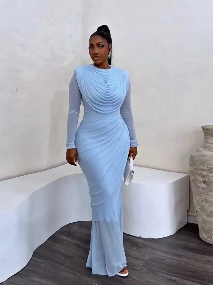 Women's Mesh Draped Collar Long Sleeve Bodycon Dress