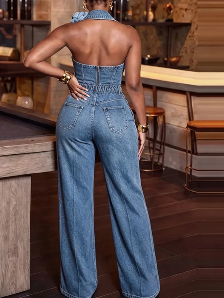 Women's Halter Denim Two-Piece Set Floral Wide-Leg Pants