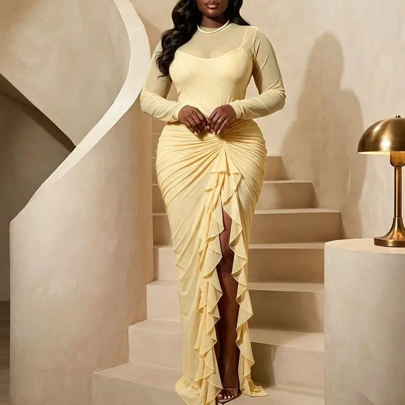 Women's Stand Collar Mesh Ruffle High Slit Bodycon Dress