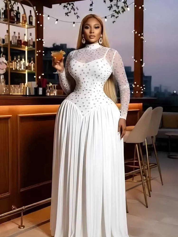 Women's High Waist Pleated Long Sleeve A-Line Dress