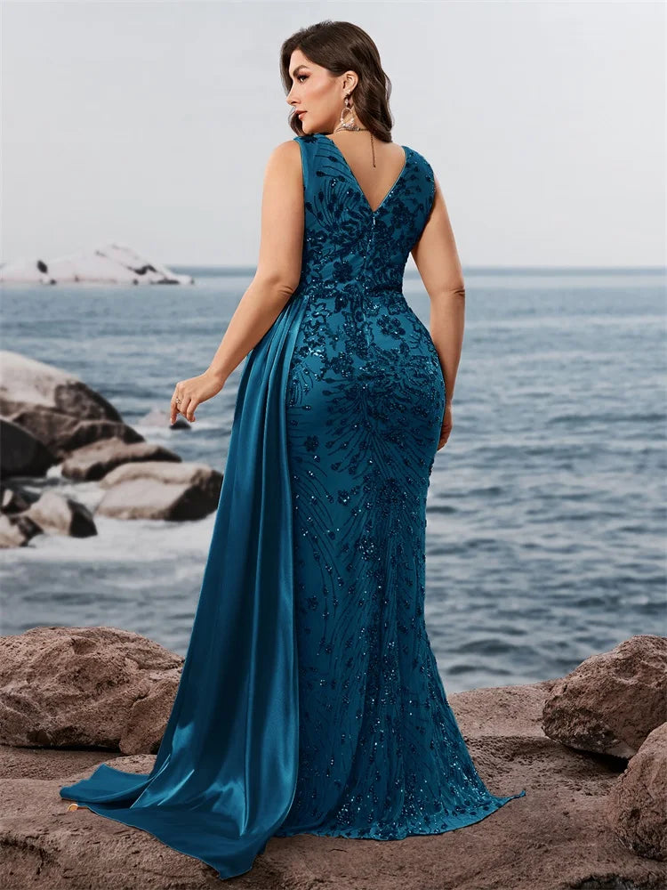 Women's Plus Size V-Neck Splice Sequin Mermaid Evening Dress