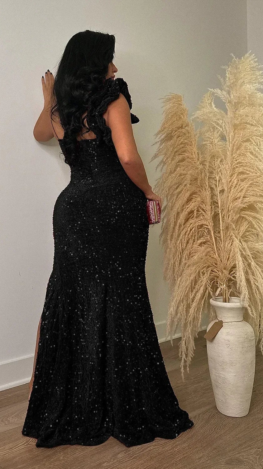 Women's One Shoulder Open Back Sequined Mermaid Maxi Dress