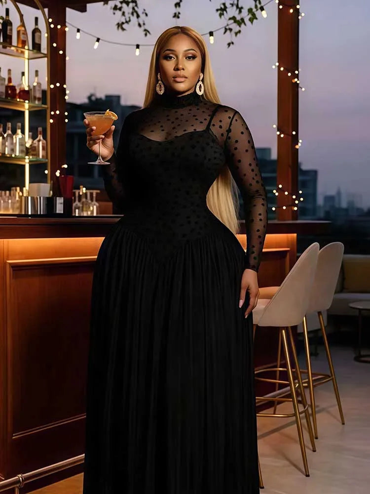 Women's High Waist Pleated Long Sleeve A-Line Dress