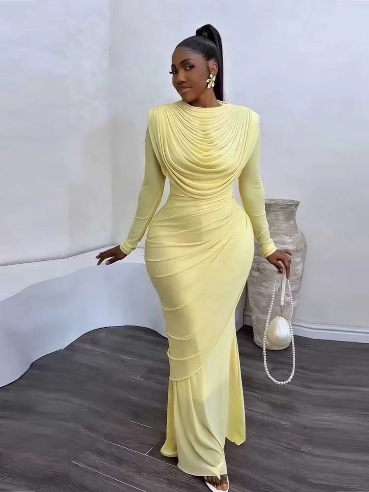 Women's Mesh Draped Collar Long Sleeve Bodycon Dress