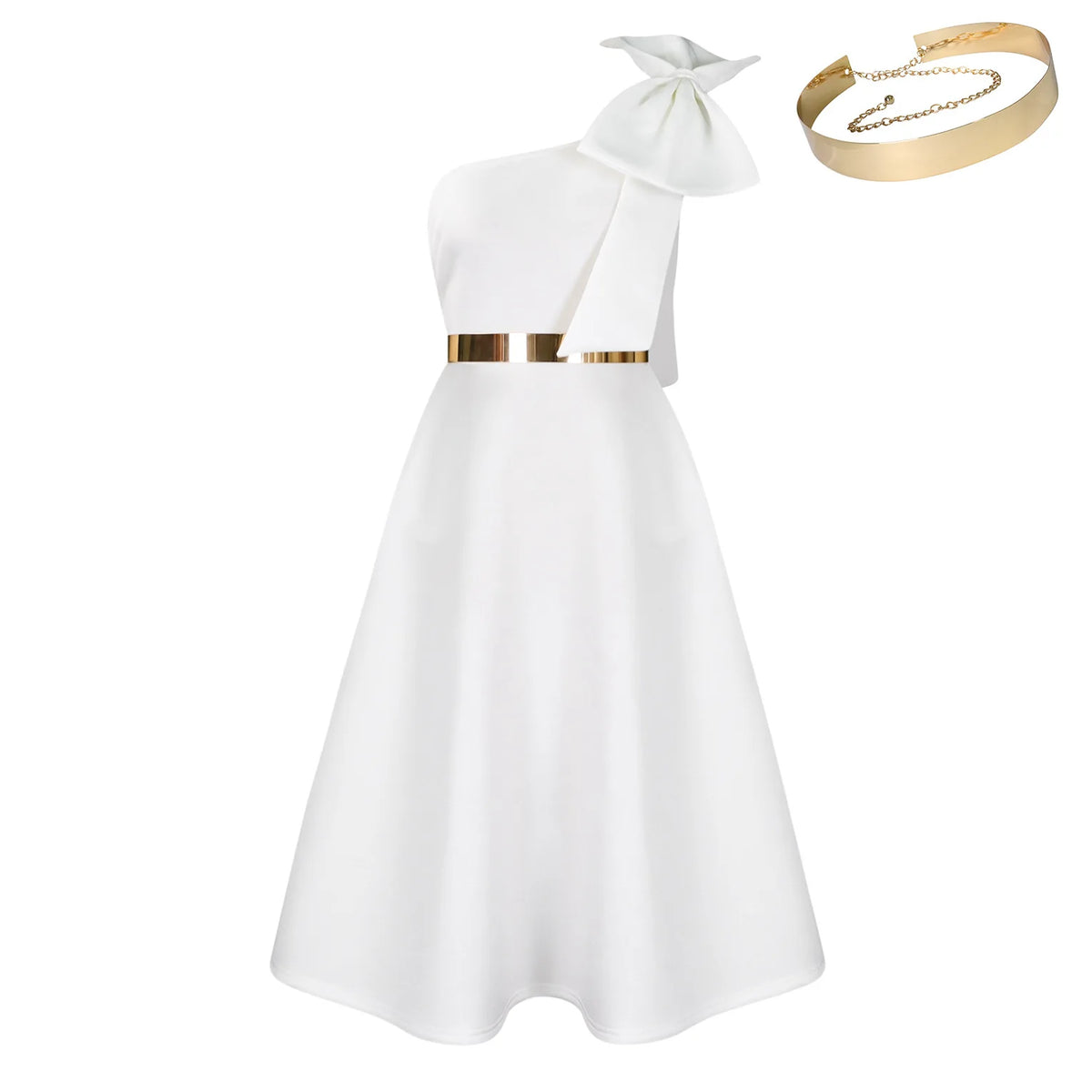 Women's One Shoulder Pleated Bow A-Line Party Dress