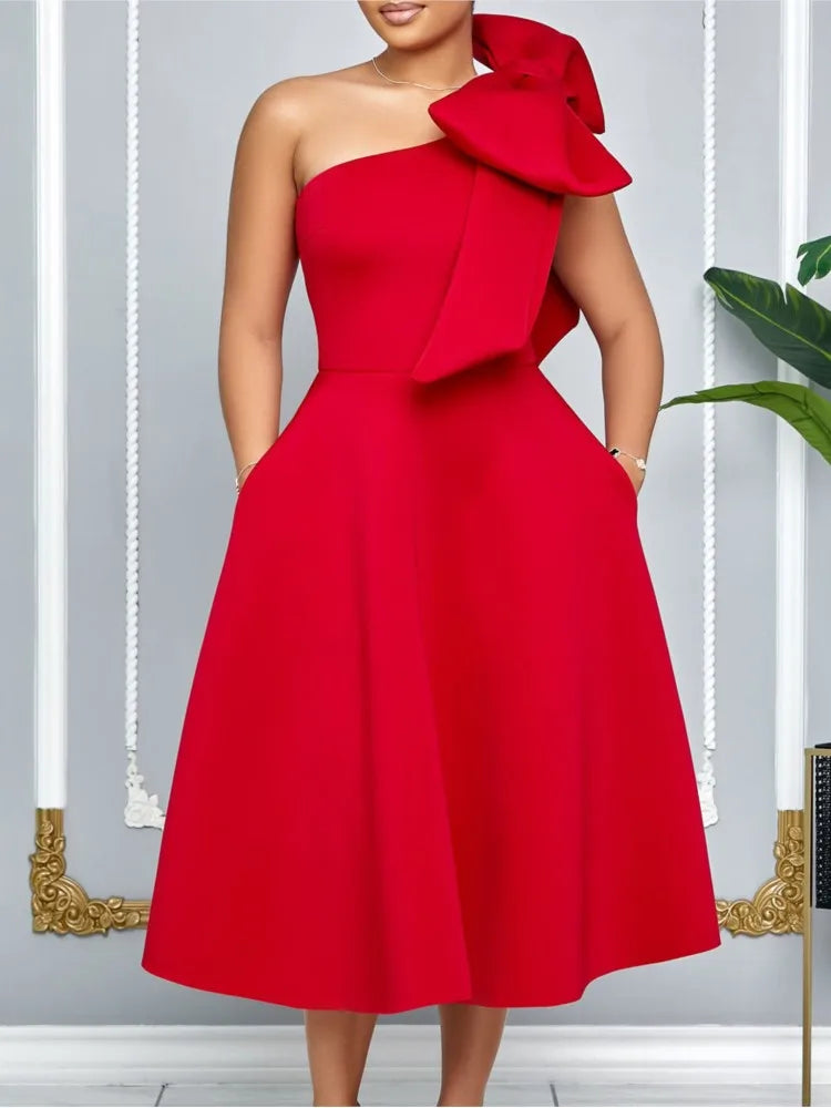 Women's One Shoulder Pleated Bow A-Line Party Dress