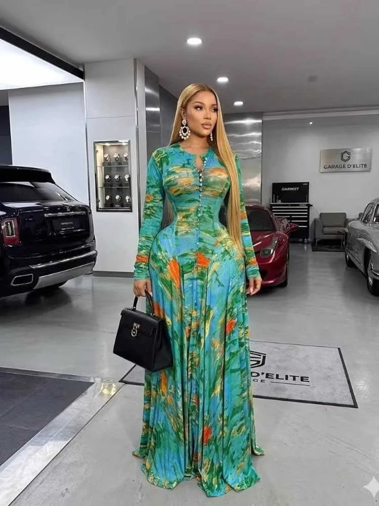 Women's Round Neck Pleated Floral Print Maxi Dress