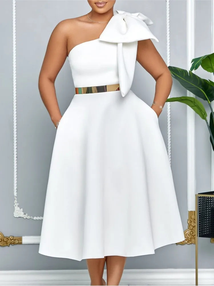Women's One Shoulder Pleated Bow A-Line Party Dress
