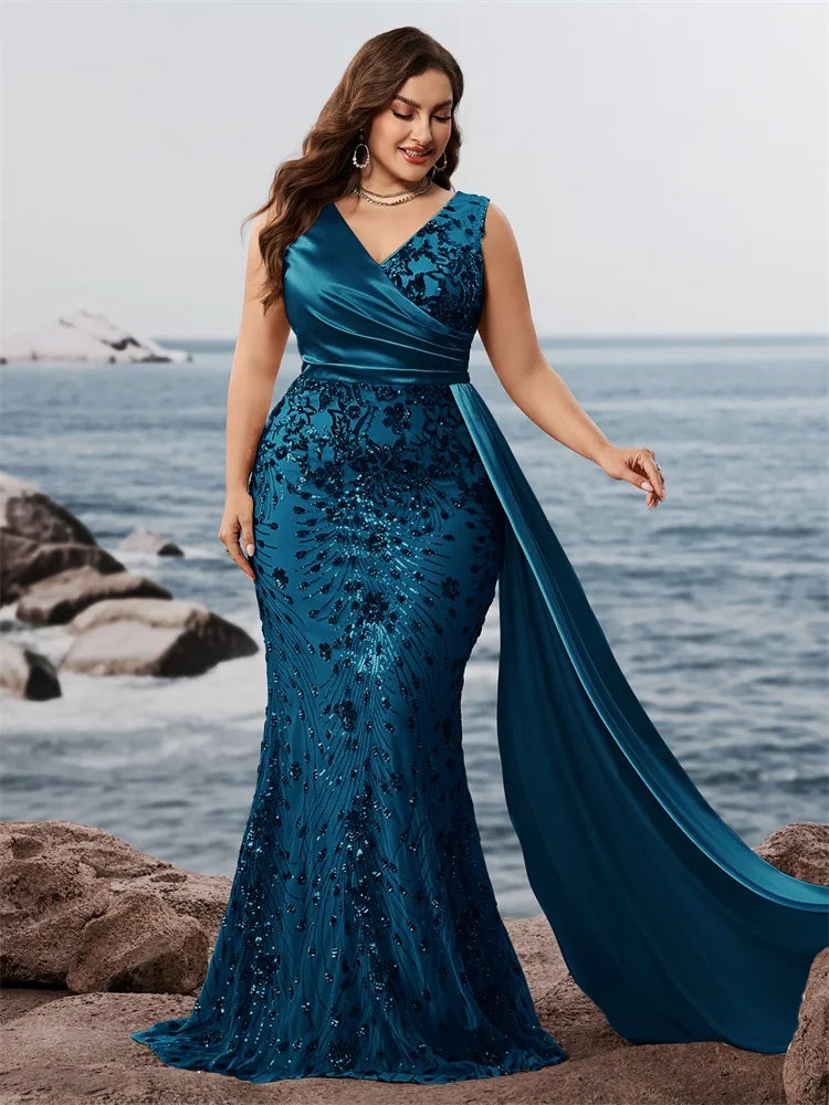 Women's Plus Size V-Neck Splice Sequin Mermaid Evening Dress