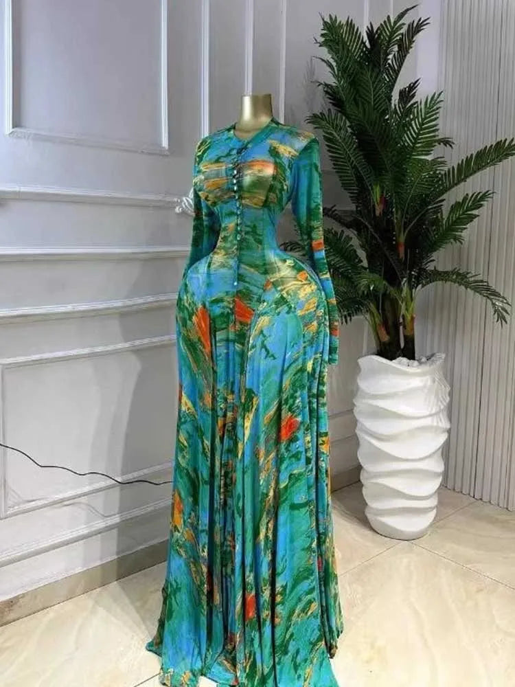 Women's Round Neck Pleated Floral Print Maxi Dress