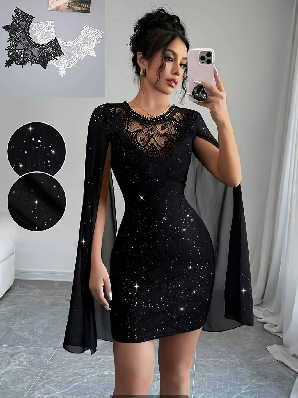 Women's Lace Crew Neck Cape Sleeve Bodycon Dress
