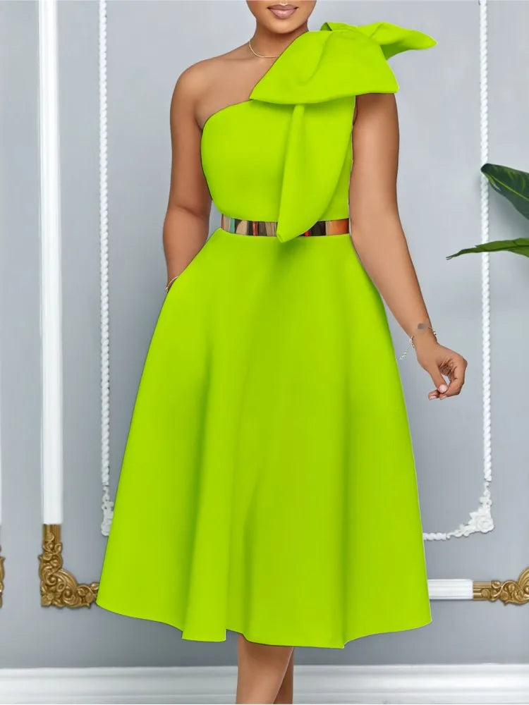 Women's One Shoulder Pleated Bow A-Line Party Dress