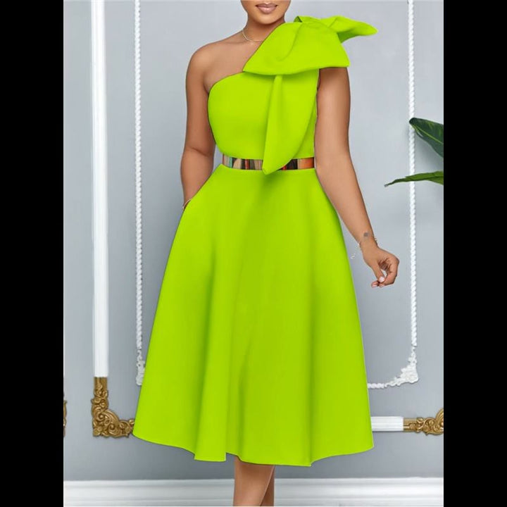 Women's One Shoulder Pleated Bow A-Line Party Dress