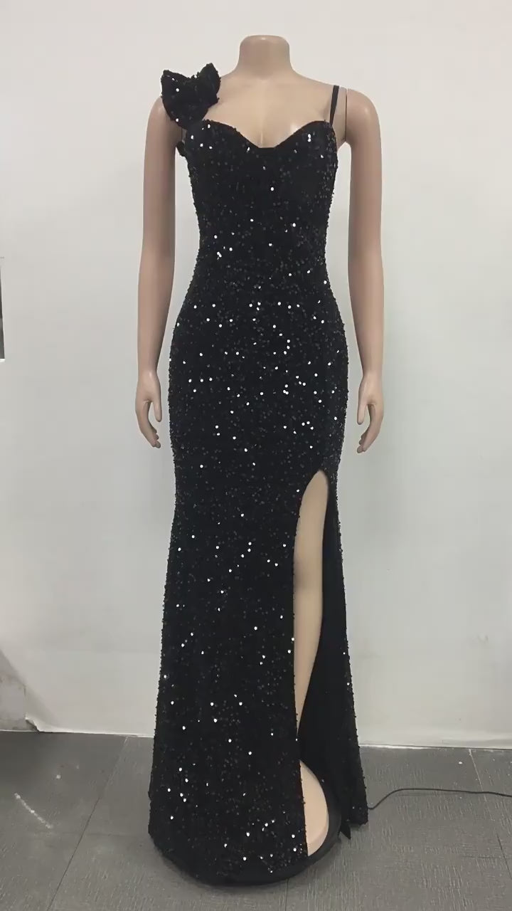Women's One Shoulder Open Back Sequined Mermaid Maxi Dress