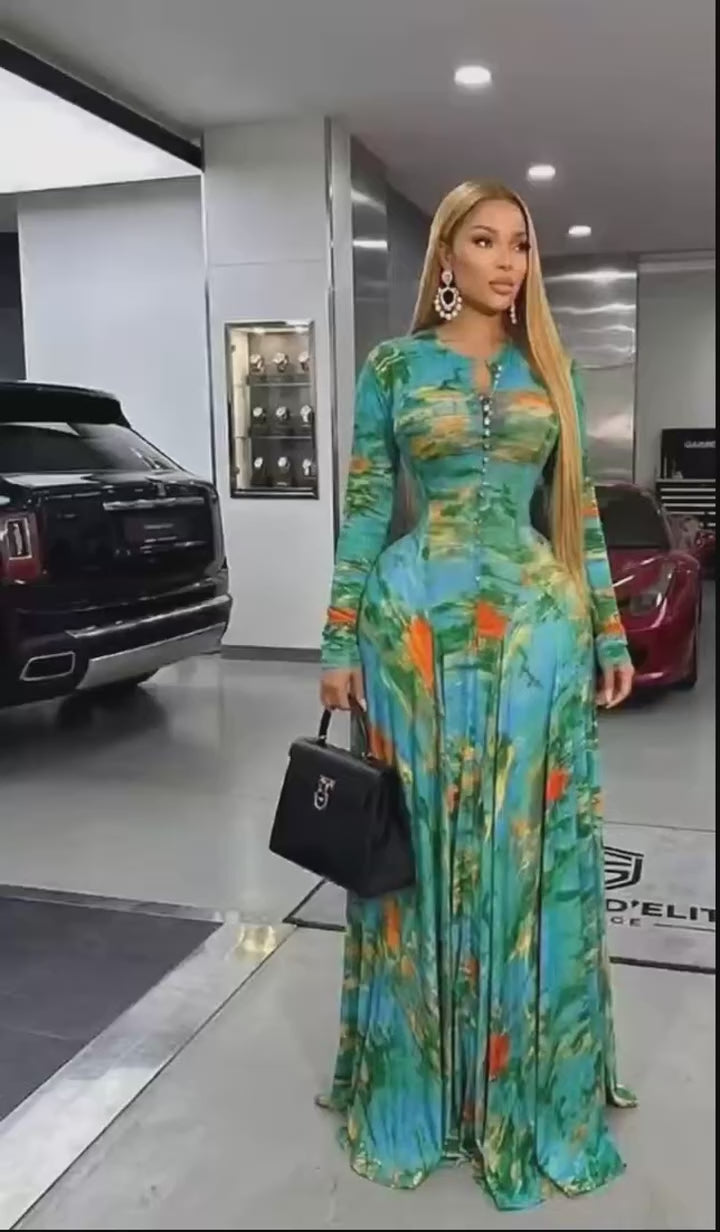 Women's Round Neck Pleated Floral Print Maxi Dress
